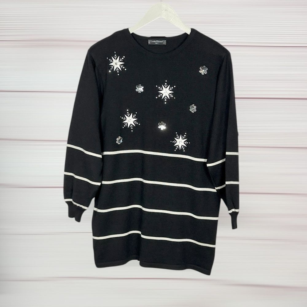 Louis Feraud Wool Black Sweater Tunic Christmas Snowflake Embellishment US 12